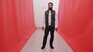 Black waxed cotton canvas Biker vest. Dark indigo 4-stripe jean.
