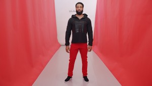 Black Billboard hoodie. Red track pant.