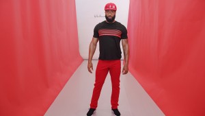 Black/red 5-strpe s/s tee. Red track pant.
