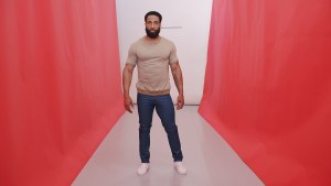 Khaki epaulet l/s tee. Light indigo Biker jean.