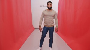 Khaki epaulet l/s tee. Light indigo Biker jean.